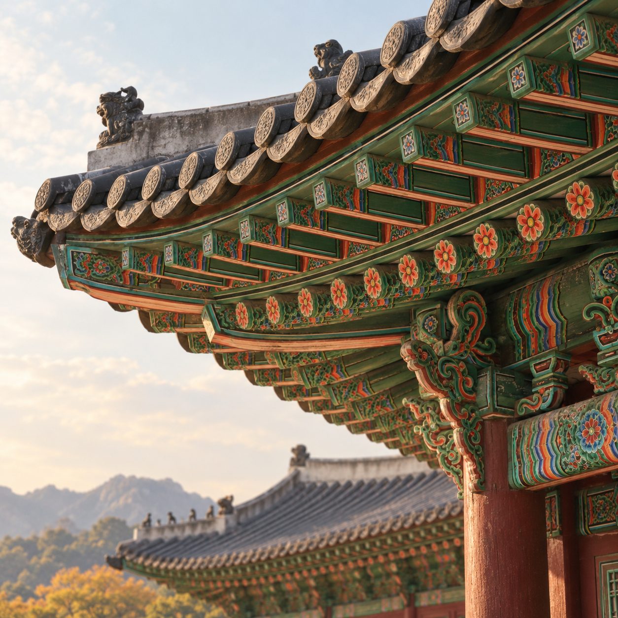 AI-created editorial illustration of Korean dancheong roof details