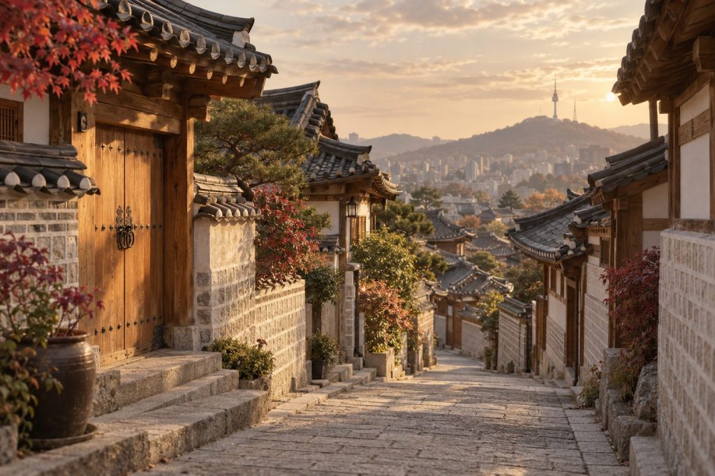 AI-created illustration of a Korean hanok alley at golden hour