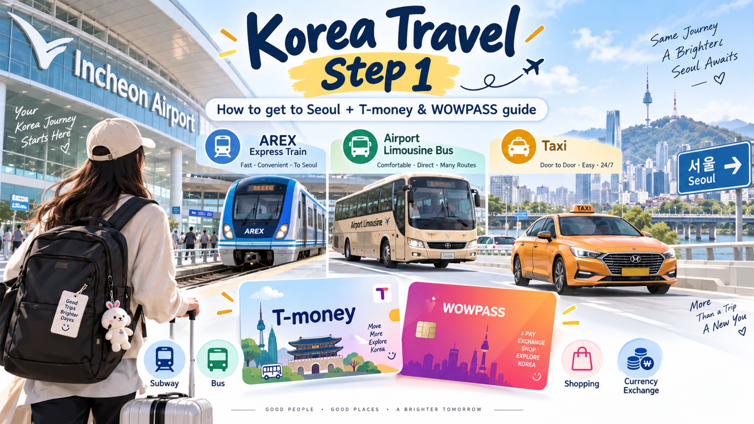 Illustrated Incheon Airport to Seoul travel guide with trains, bus, taxi and transport cards