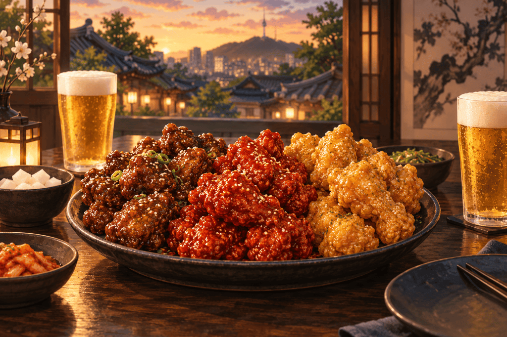 AI illustration of soy, spicy and honey-style Korean chicken