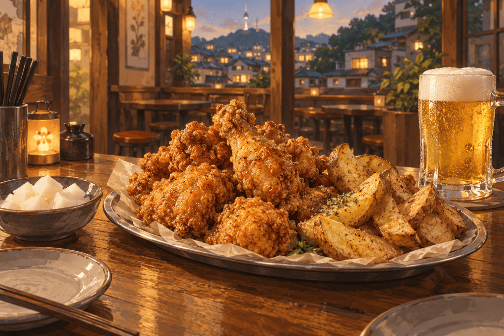 AI illustration of classic fried chicken with potato wedges and beer