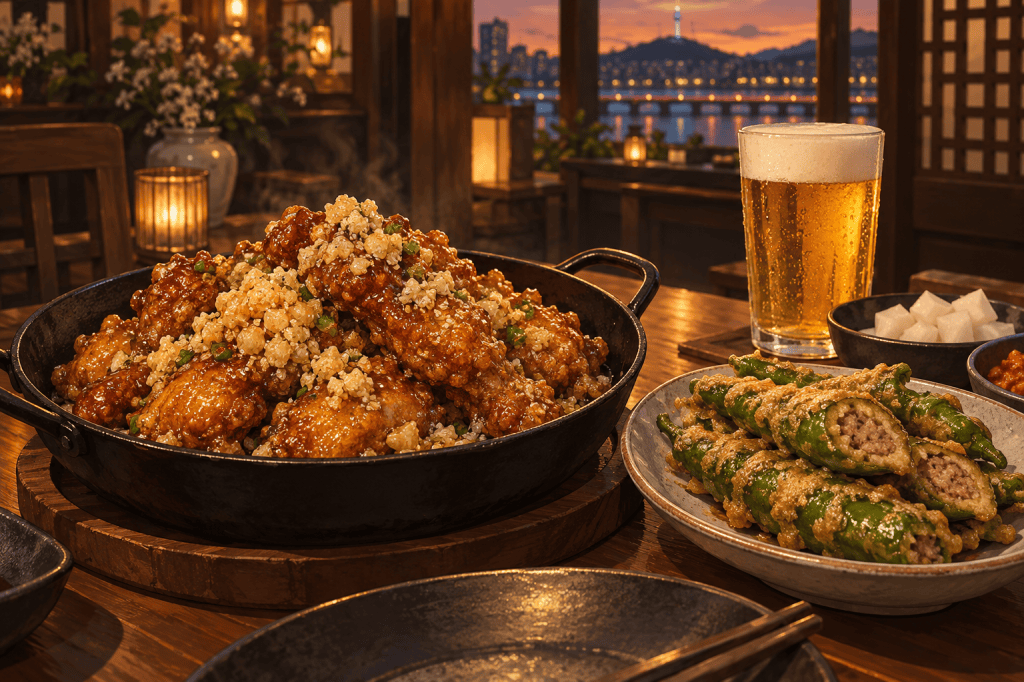 AI illustration of garlic chicken and stuffed fried peppers