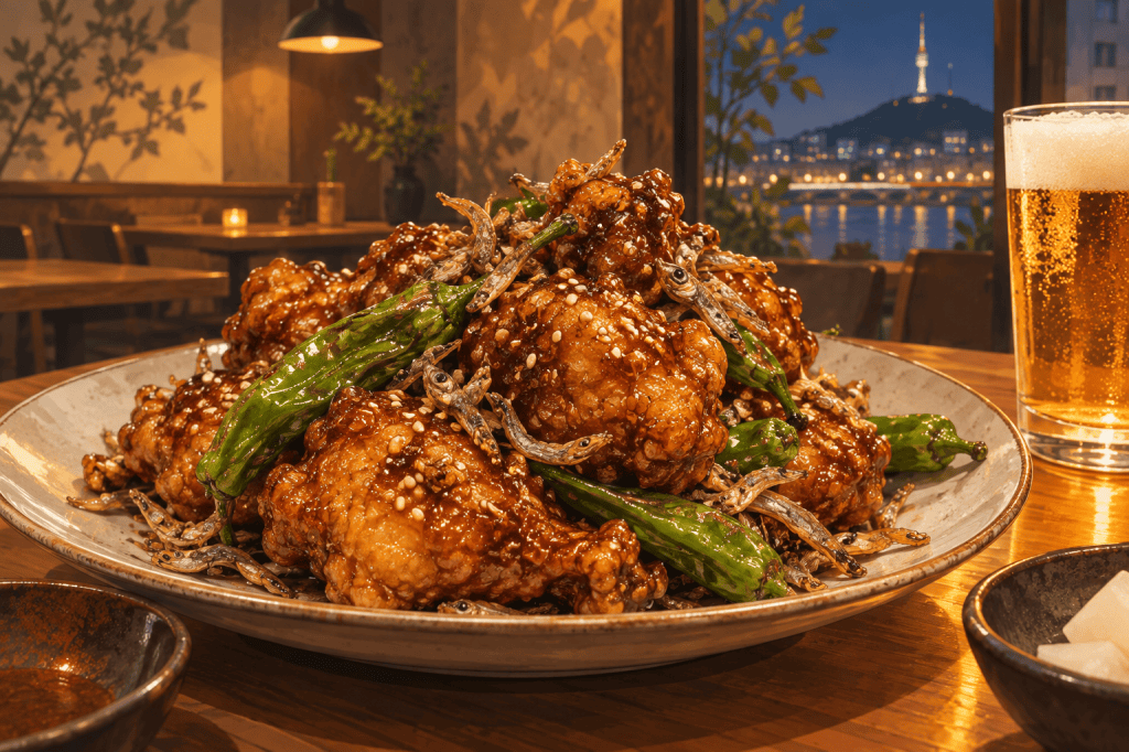 AI illustration of soy-glazed chicken with shishito peppers and anchovies